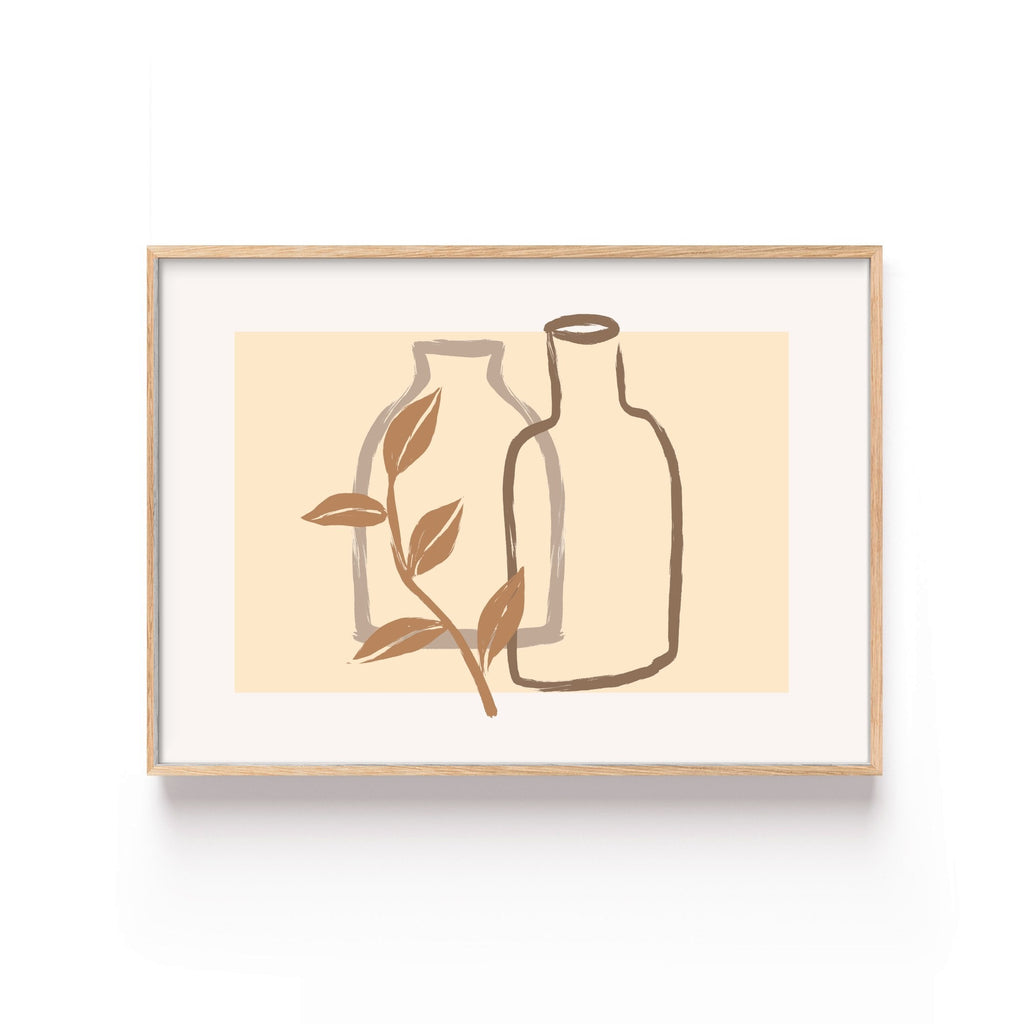 Botellas y Hojas – cuadro decorativo con marco natural | Studio MagArt