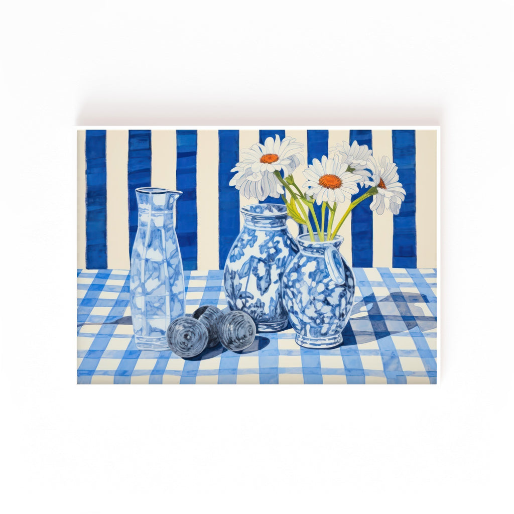 Floreros sobre Mantel Azul – cuadro decorativo con marco blanco | Studio MagArt