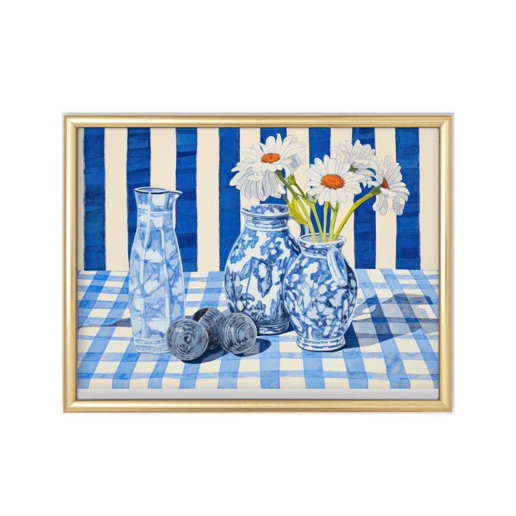 Floreros sobre Mantel Azul – cuadro decorativo con marco dorado | Studio MagArt