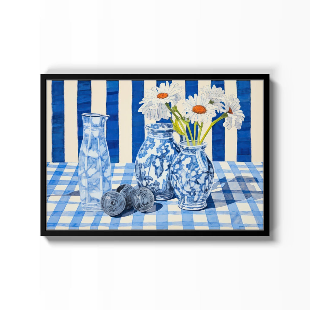 Floreros sobre Mantel Azul – cuadro decorativo con marco negro | Studio MagArt
