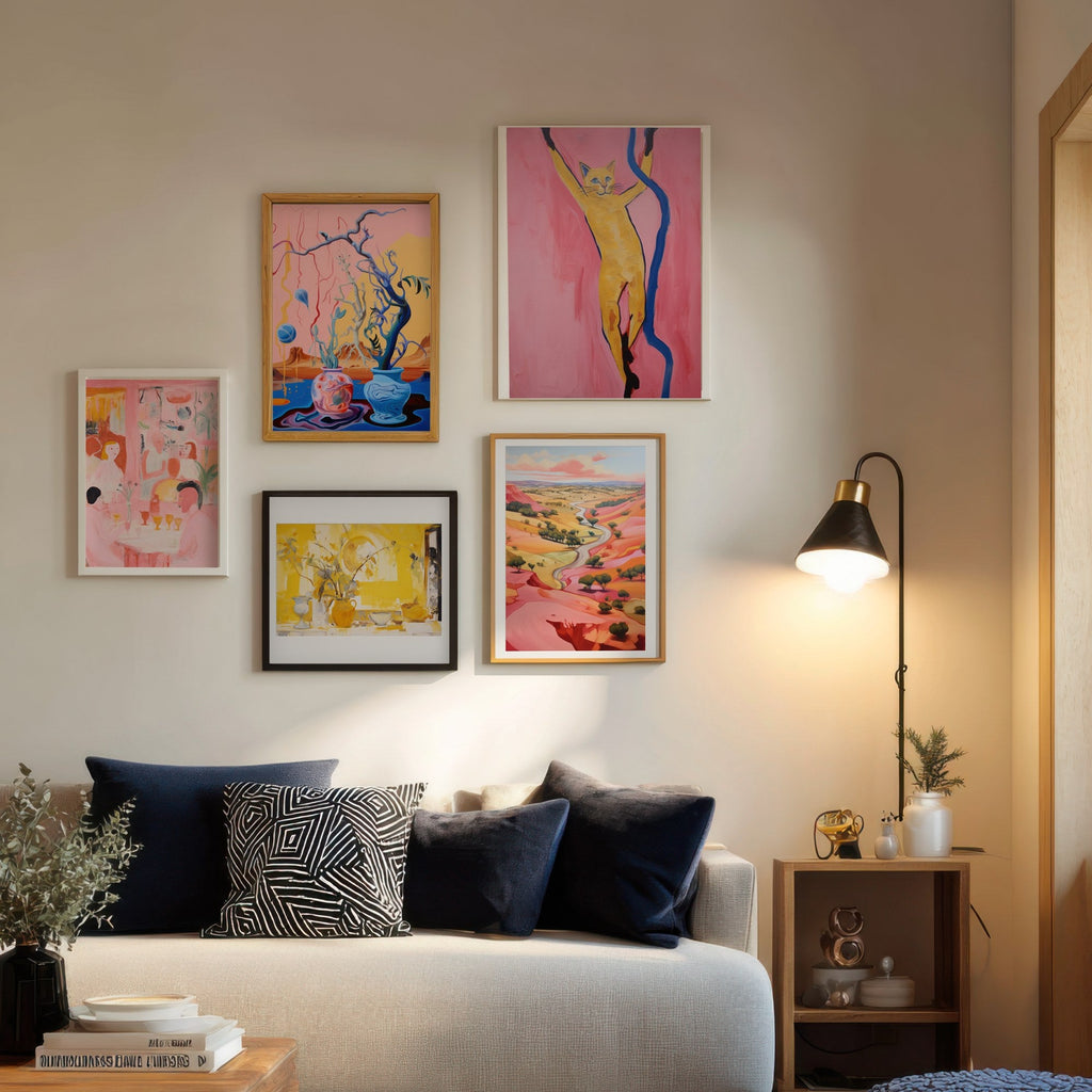 Gato Dorado sobre Rosa cuadro decorativo para sala moderna | arte para hogar | Studio MagArt