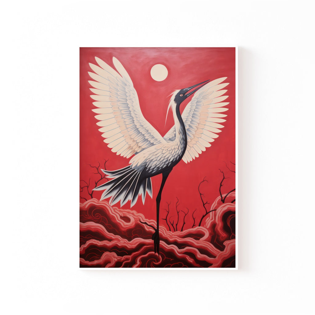 Grulla del Sol Rojo – cuadro decorativo con marco blanco | Studio MagArt