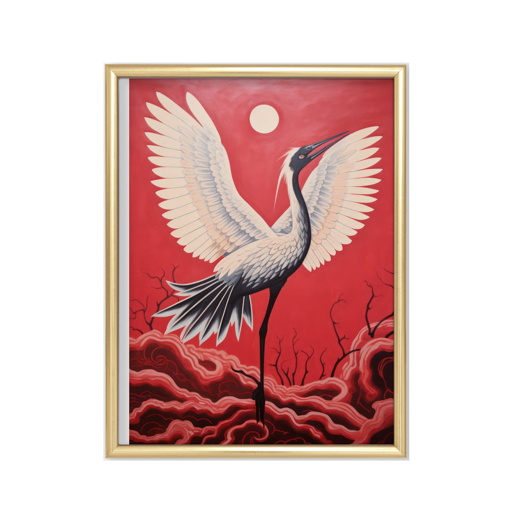 Grulla del Sol Rojo – cuadro decorativo con marco dorado | Studio MagArt