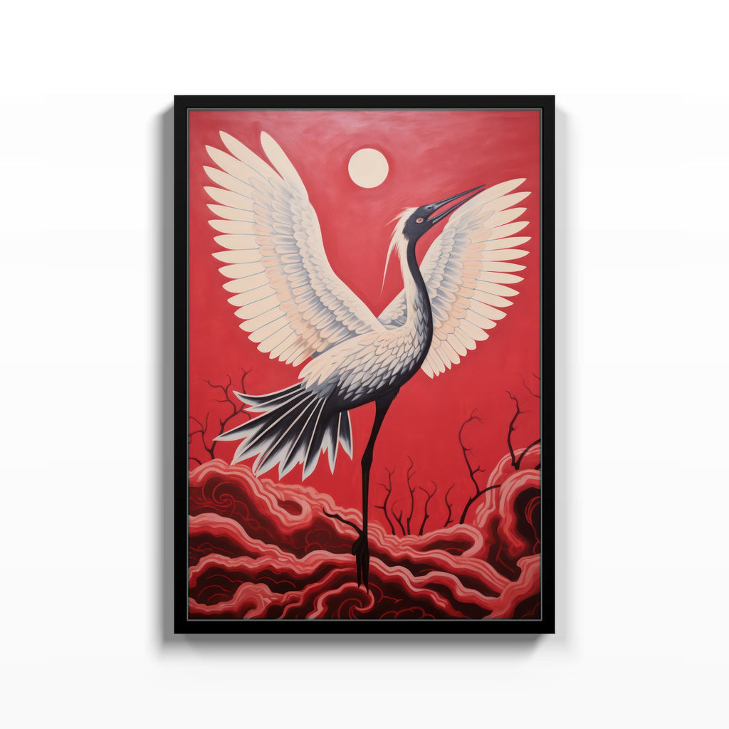 Grulla del Sol Rojo – cuadro decorativo con marco negro | Studio MagArt