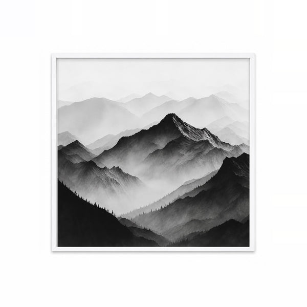Montañas en la Niebla – cuadro decorativo cuadrado con marco blanco | Studio MagArt