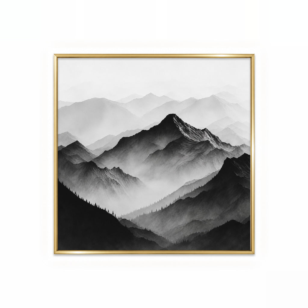Montañas en la Niebla – cuadro decorativo cuadrado con marco dorado | Studio MagArt