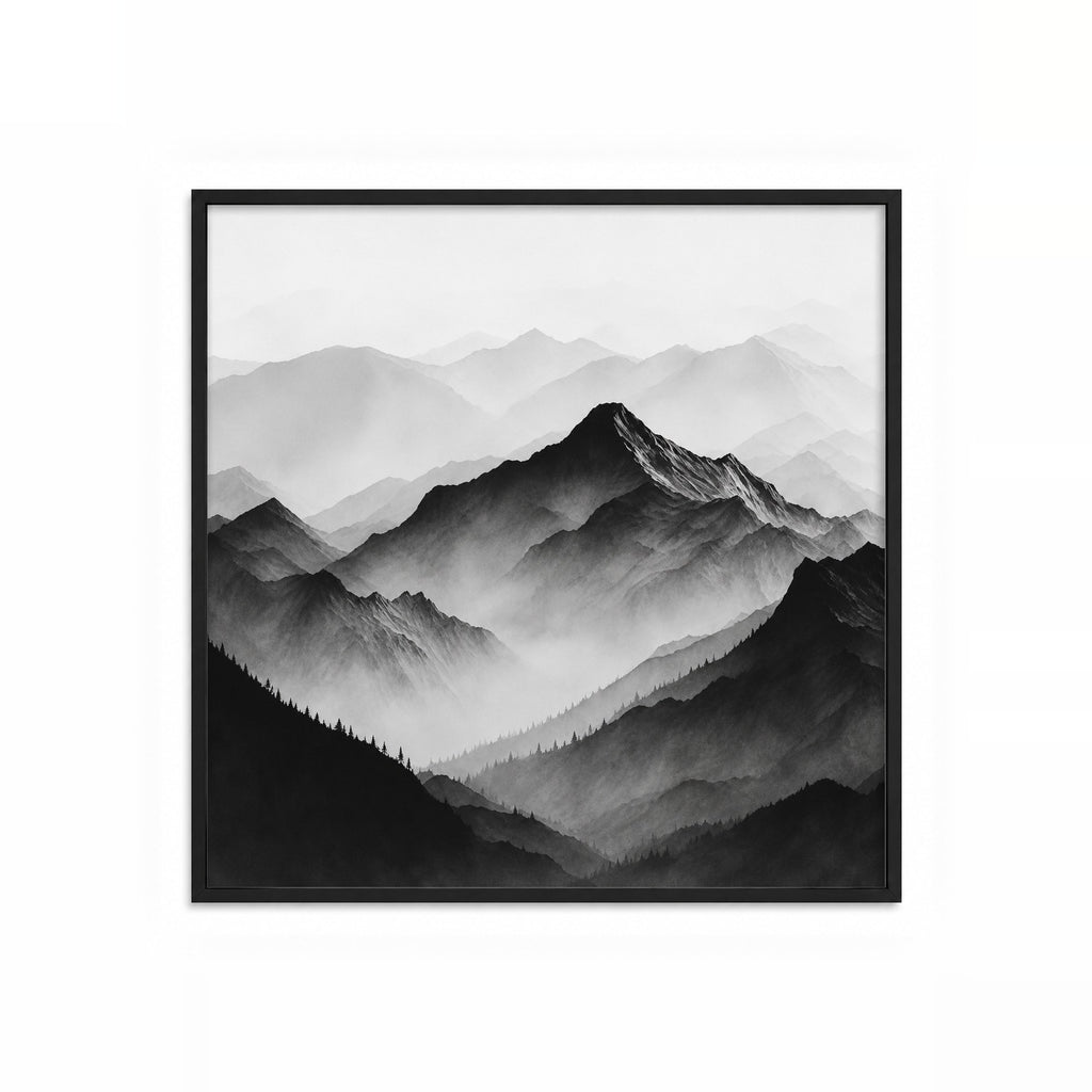 Montañas en la Niebla – cuadro decorativo cuadrado con marco negro | Studio MagArt