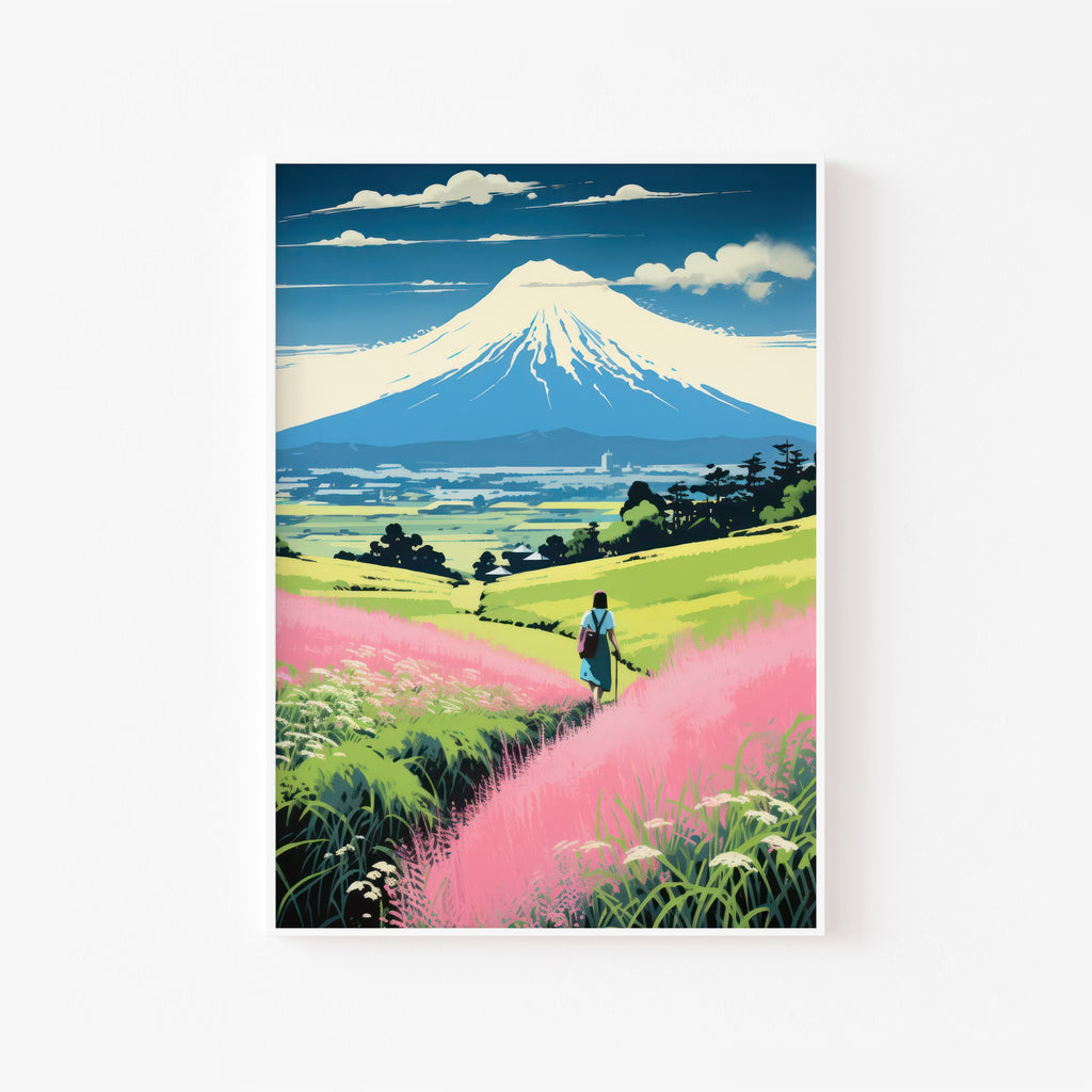 Monte Fuji entre Flores Rosas – cuadro decorativo con marco blanco | Studio MagArt