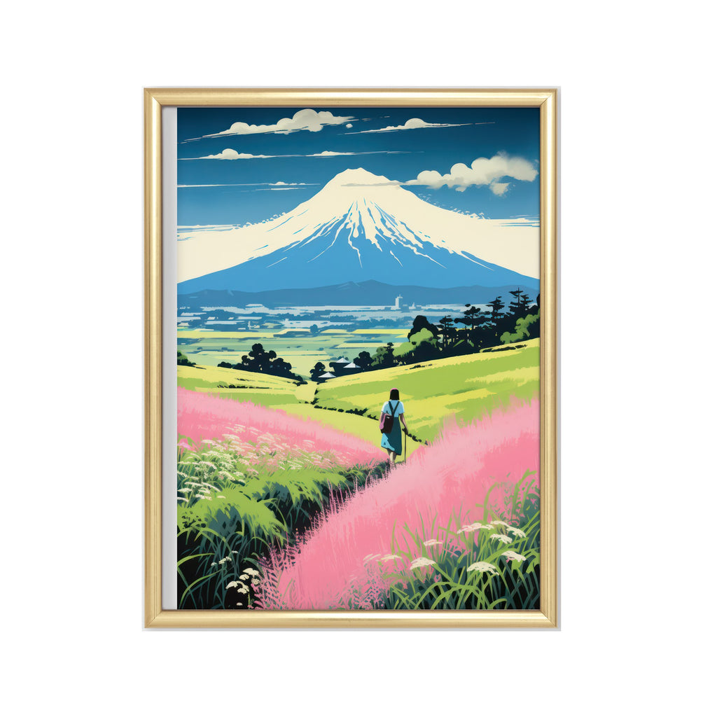 Monte Fuji entre Flores Rosas – cuadro decorativo con marco dorado | Studio MagArt