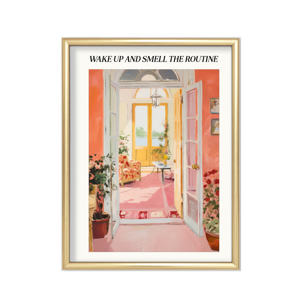 Wake Up and Smell the Routine – cuadro decorativo con marco dorado | Studio MagArt